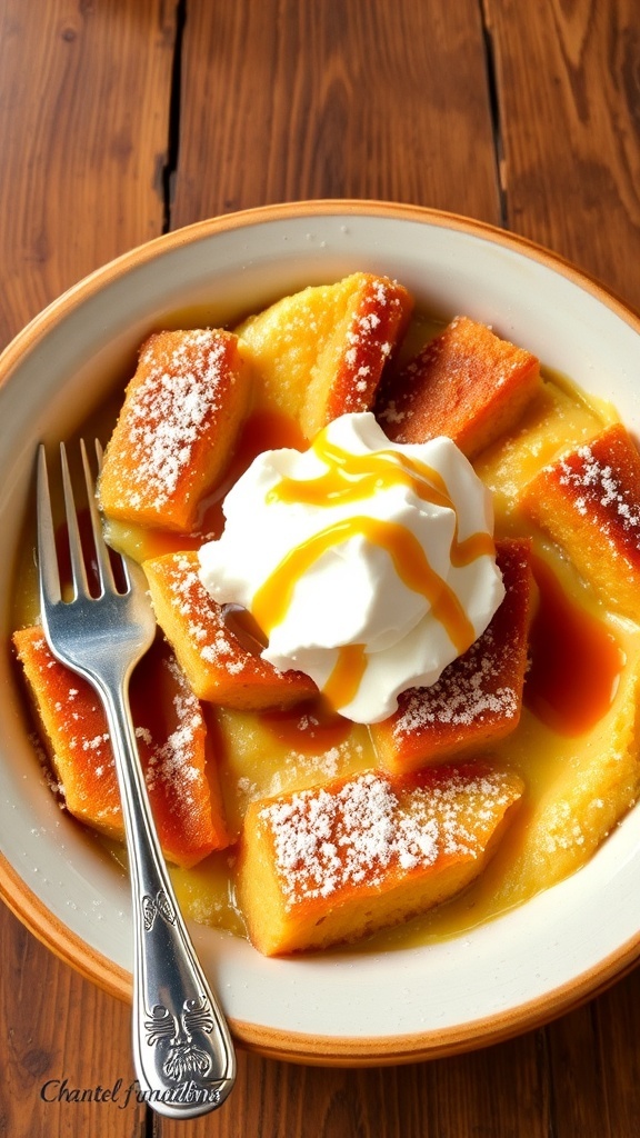 A delicious bread pudding served warm with caramel sauce and whipped cream on a rustic table.